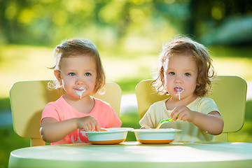 Image showing Two little girls sitting at a table and eating together against green lawn