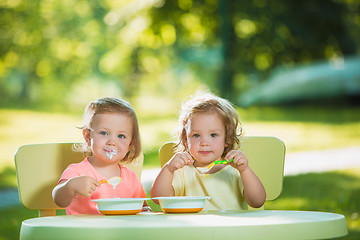 Image showing Two little girls sitting at a table and eating together against green lawn