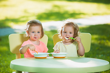 Image showing Two little girls sitting at a table and eating together against green lawn