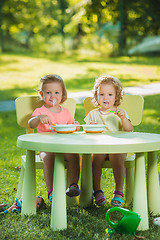 Image showing Two little girls sitting at a table and eating together against green lawn