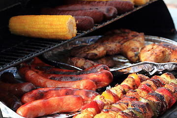 Image showing grilled corn, sausages, skewer