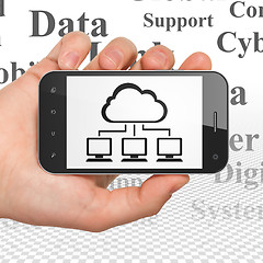 Image showing Cloud networking concept: Hand Holding Smartphone with Cloud Network on display