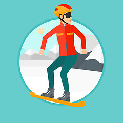 Image showing Young woman snowboarding.