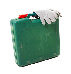 Image showing tool box with gloves isolated on white