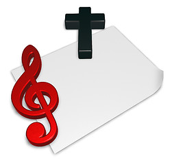 Image showing clef and cross on blank white paper sheet - 3d rendering