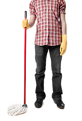 Image showing man holding mop in gloves isolated