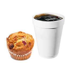 Image showing hot plastic coffe cup with chip muffin