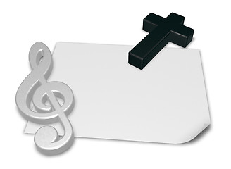 Image showing clef and cross on blank white paper sheet - 3d rendering