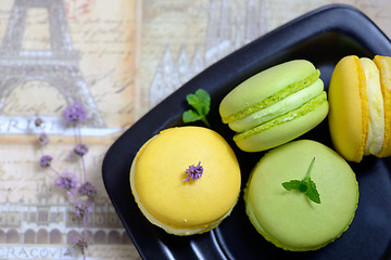 Image showing Lemon and mint flavor french macarons