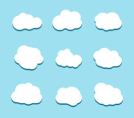 Image showing Set of blue sky, clouds. Cloud icon, cloud shape. Set of different clouds. Collection of cloud icon, shape, label, symbol. Graphic element vector. Vector design element for logo, web and print