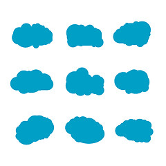 Image showing Set of blue sky, clouds. Cloud icon, cloud shape. Set of different clouds. Collection of cloud icon, shape, label, symbol. Graphic element vector. Vector design element for logo, web and print