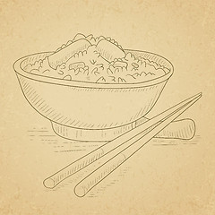 Image showing Bowl of boiled rice with chopsticks.