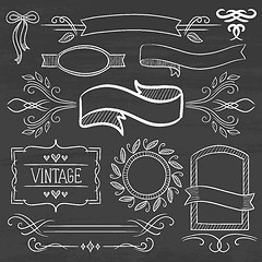 Image showing Set of vintage ribbons, frames on a chalkboard.