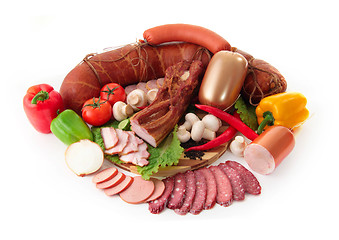 Image showing sliced sausages with vegetables and red papper