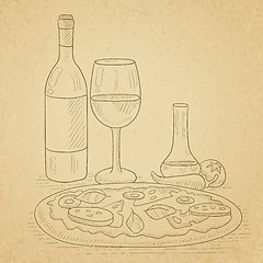 Image showing Dinner with wine and pizza.