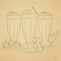 Image showing Banana, strawberry and chocolate smoothies.