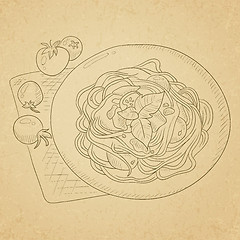 Image showing Spaghetti with basil on plate.