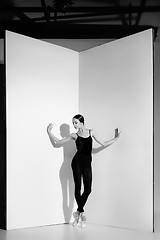 Image showing Ballerina in black outfit posing on pointe shoes, studio background.