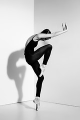 Image showing Ballerina in black outfit posing on pointe shoes, studio background.