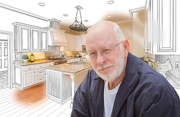 Image showing Senior Man Over Custom Kitchen Design Drawing and Photo