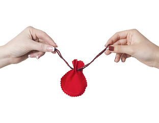 Image showing two woman hands hold Christmas gift bag