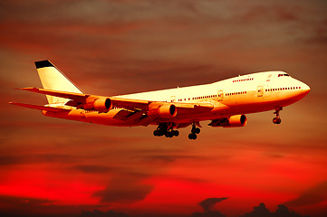 Image showing Air travel - plane and sunset