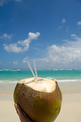 Image showing Coconut drink and exotic beach