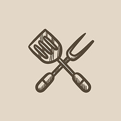 Image showing Kitchen spatula and big fork sketch icon.