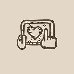 Image showing Hands holding tablet with heart sign sketch icon.