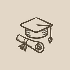 Image showing Graduation cap with paper scroll sketch icon.