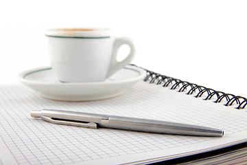 Image showing blank page, empty cup of coffe, pen