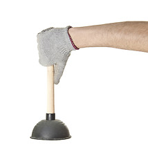 Image showing man holding old air eliminator on a white