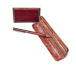 Image showing Mahogany ball pen in an opened wooden case