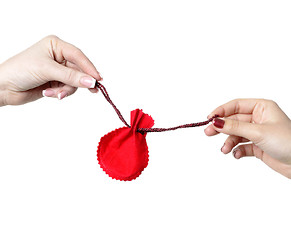 Image showing two woman hands hold gift bag isolated