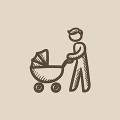 Image showing Man walking with baby stroller sketch icon.