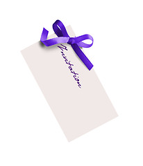 Image showing close up of card note with purple ribbon on white