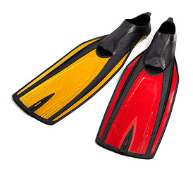 Image showing Swim fins of different colors with water drops