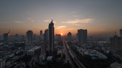 Image showing Bangkok cityscape at sunset, Thailand