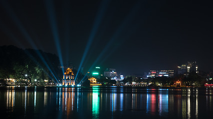 Image showing Turtle Tower at Hoan Kiem Lake in night Hanoi, Vietnam