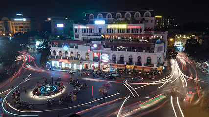 Image showing Night motion shot of city traffic in night Hanoi, Vietnam