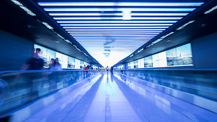 Image showing Tunnel with flat escalators in airport of Seoul