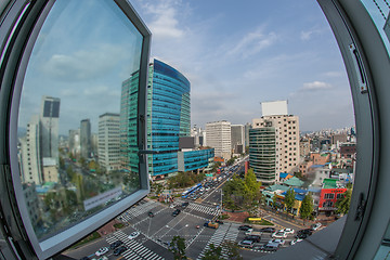 Image showing Traffic on city streets. Window view to Seoul, South Korea