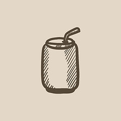 Image showing Soda can with drinking straw sketch icon.