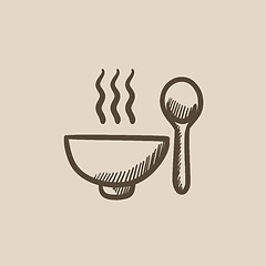 Image showing Bowl of hot soup with spoon sketch icon.