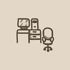 Image showing Computer set with table and chair sketch icon.