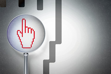 Image showing Web design concept:  Mouse Cursor with optical glass on digital background