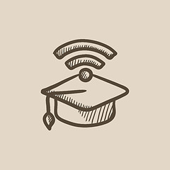 Image showing Graduation cap with wi-fi sign sketch icon.