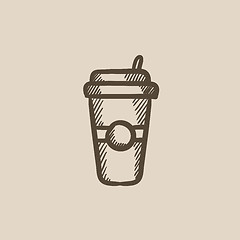 Image showing Disposable cup with drinking straw sketch icon.