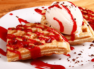 Image showing sweet pancakes with creem and ice cream