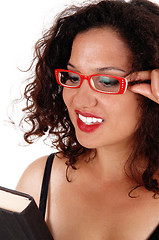 Image showing Closeup of woman with red glasses.